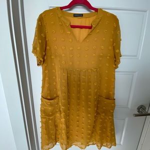 Golden mustard yellow babydoll mini swing dress Swiss dot sheer m